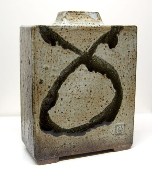 square bottle, wood ash glaze by peter humpherson