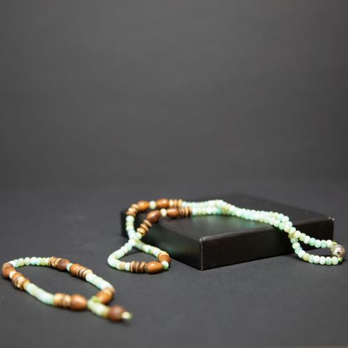 sofiya necklace & bracelet by nicoletta george featuring blue opal and wooden beads