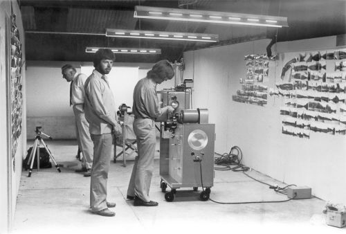 John Pasmore and Jan Harlan (Executive Producer) testing the front projection in the Garage Conversion, Abbotsmeade