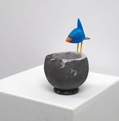 raku bird's nest, with blue bird by Chris Barnes
