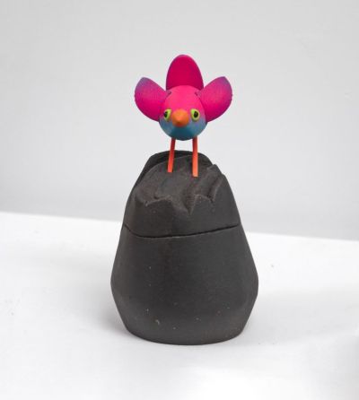 kurinuki bird box I, with pink bird, open wings by Chris Barnes