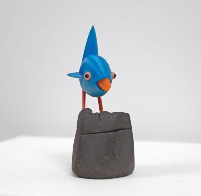 kurinuki bird box II, with blue bird by Chris Barnes