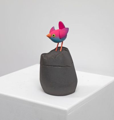 kurinuki bird box I, with pink bird, open wings by Chris Barnes