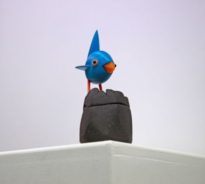 kurinuki bird box II, with blue bird by Chris Barnes