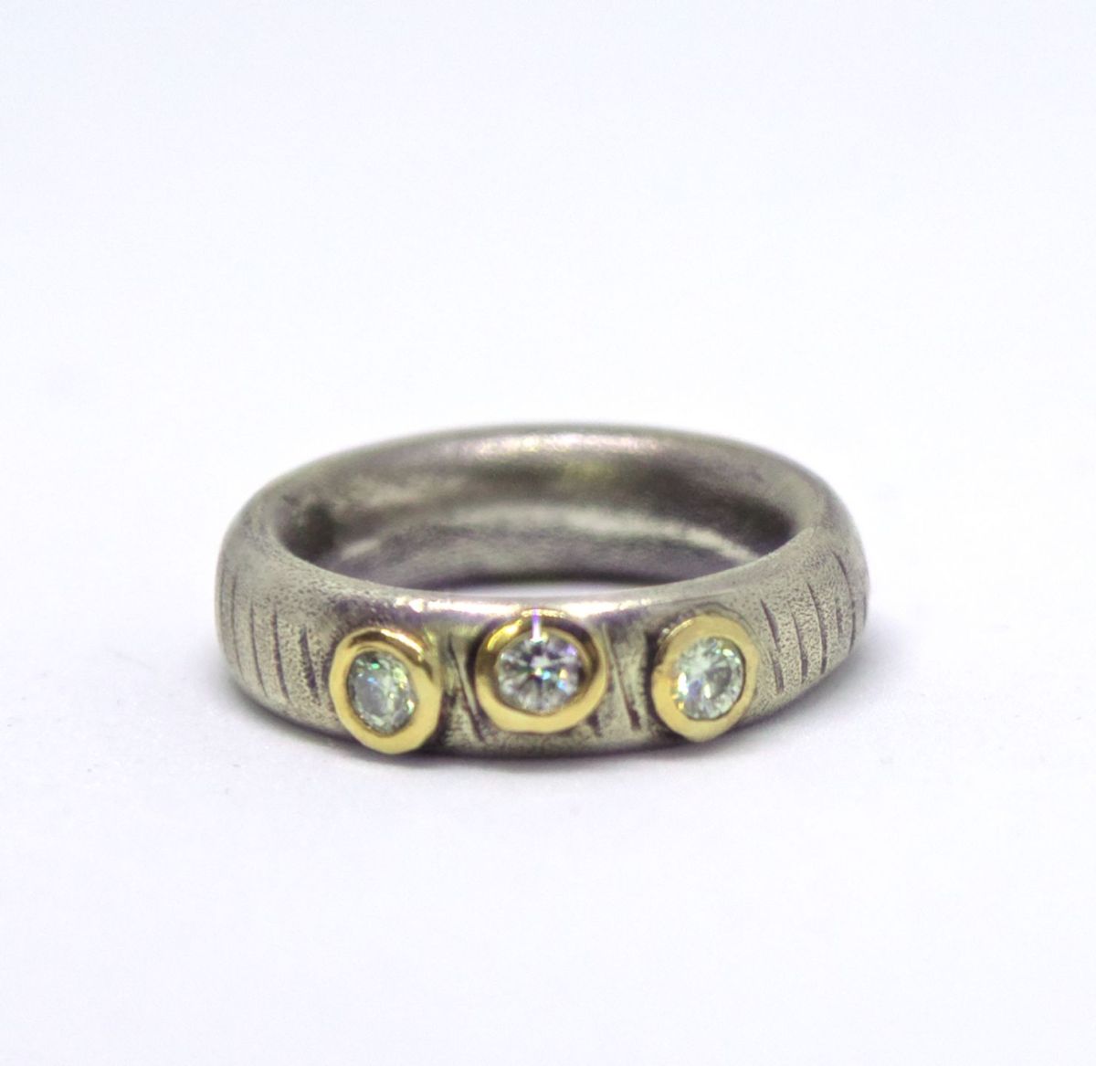 oxidised silver and gold and moissanite ring by ruth hollick