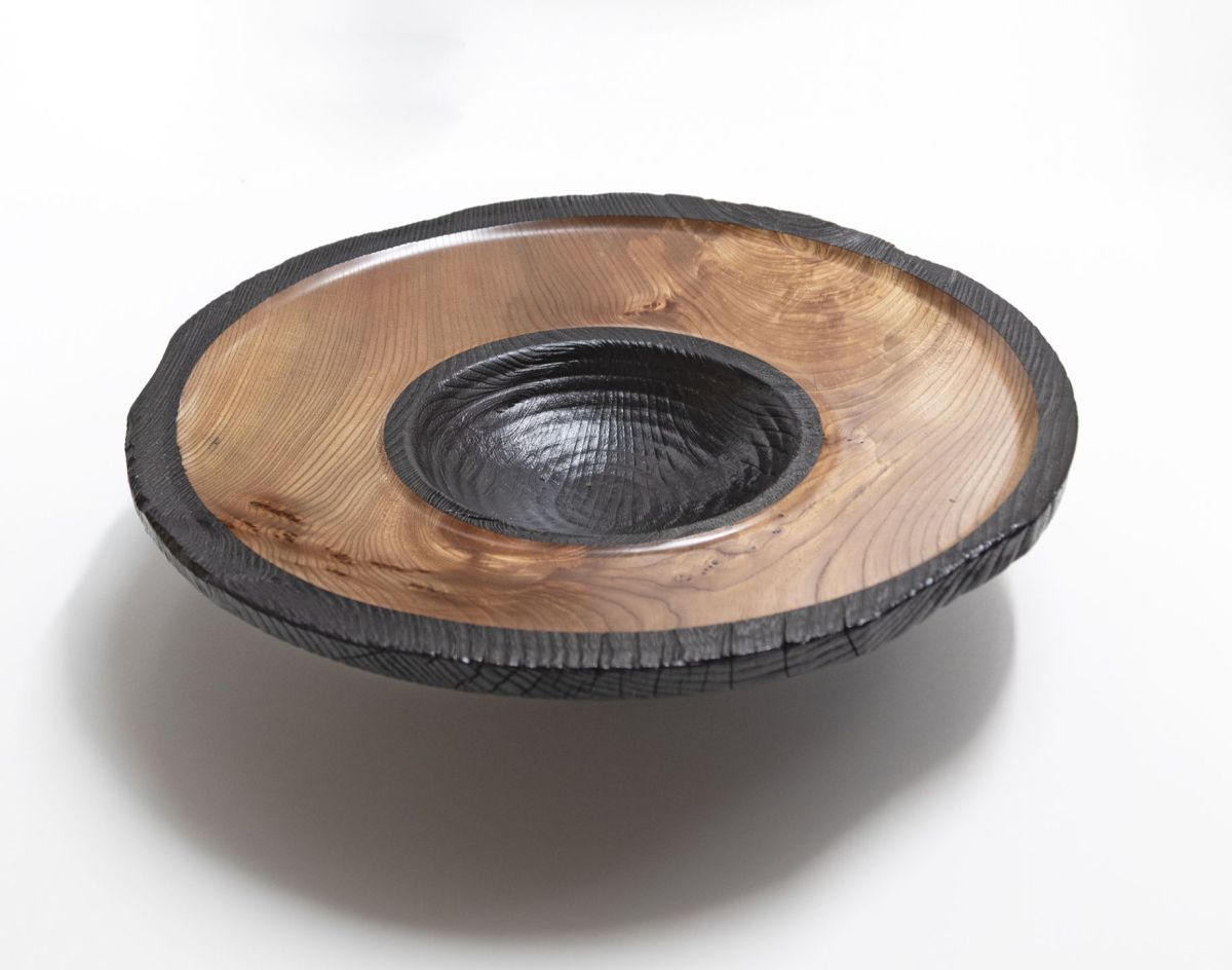 burr elm bowl, burnt rim IV by angus clyne